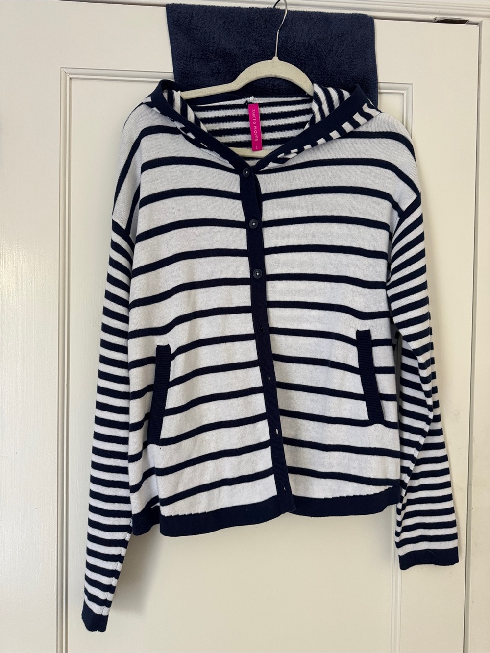 Striped Hooded Button-Front Cardigan Sweater in Black and White